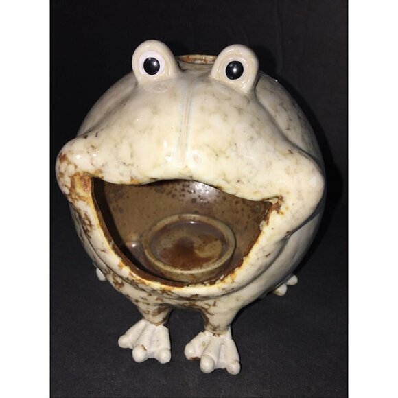 Frog Art Pottery Toothbrush Holder Cream Brown Spotted Toad Neutral Vase Flower - Picture 2 of 8